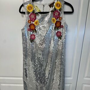 V/runb/ Silver Sequin Dress with Floral Embroidery by Anthropologie